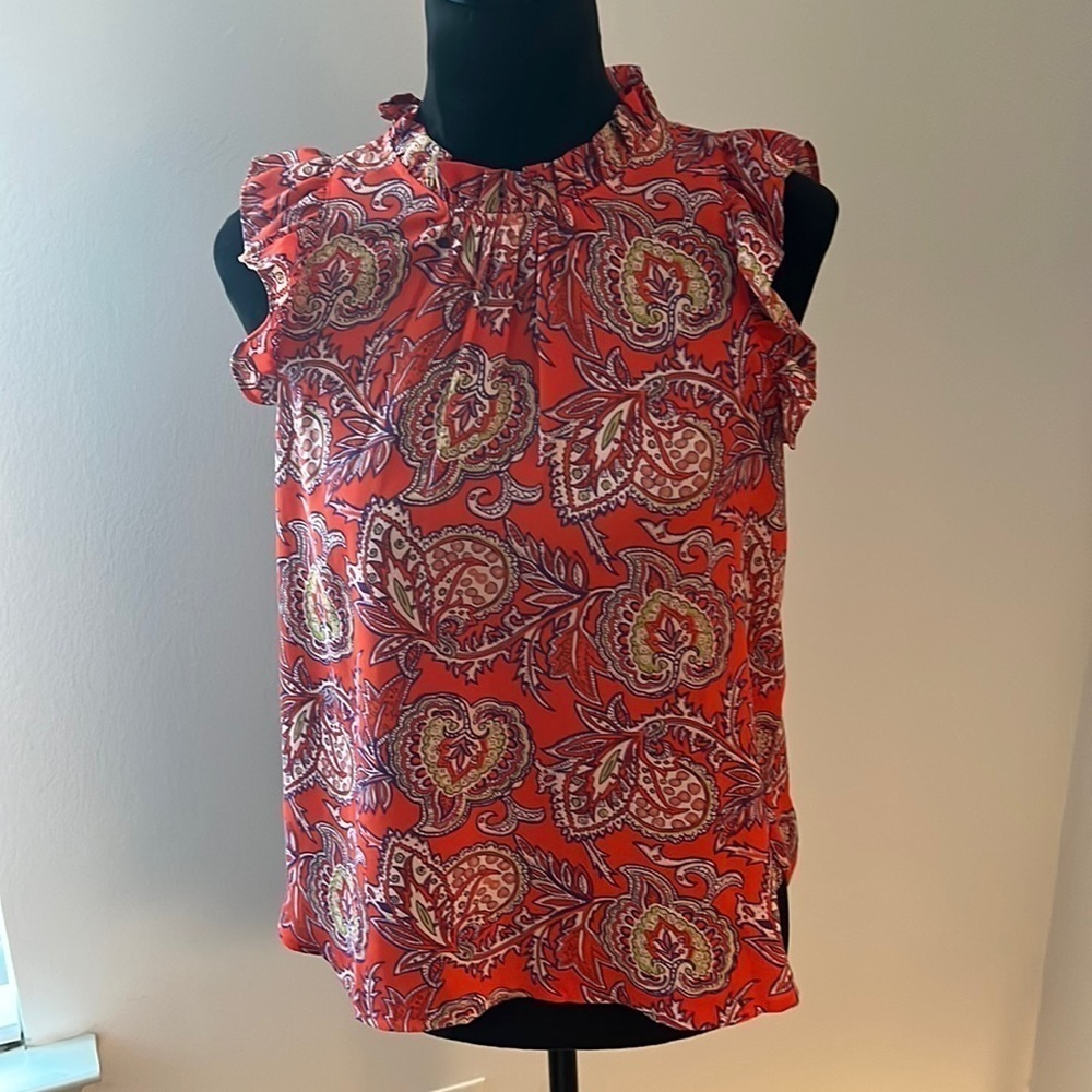 LOFT Orange print‎ sleeveless ruffle detail polyester blouse top Sz SP